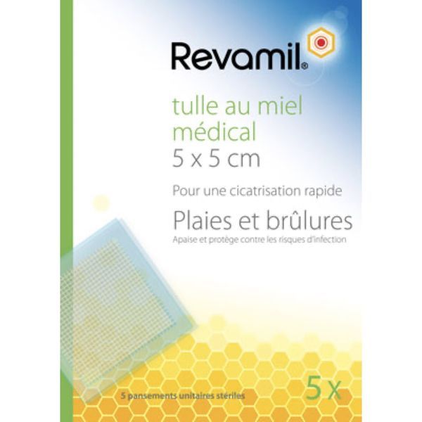 REVAMIL TULLE Tulle imprégné de miel médical pur 100 %, 8 cm x 8 cm, bt 5