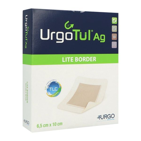 URGOTUL AG LITE BORDER Interface lipido-colloïde adhésive et absorbante, imprégnée de sels d'argent, 6,5 cm x 10 cm (ref. 504934), bt 10