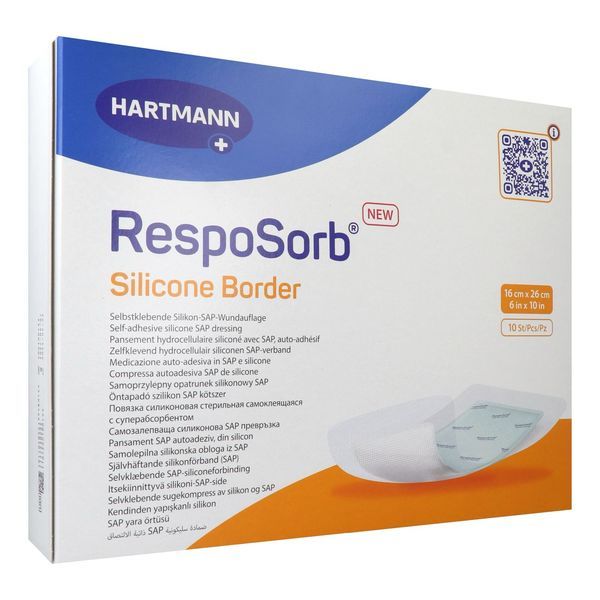 RESPOSORB SILICONE BORDER Pansement hydrocellulaire, interface siliconée et bords adhésifs, rectangle, 16 cm x 26 cm (ref. 413004), bt 10