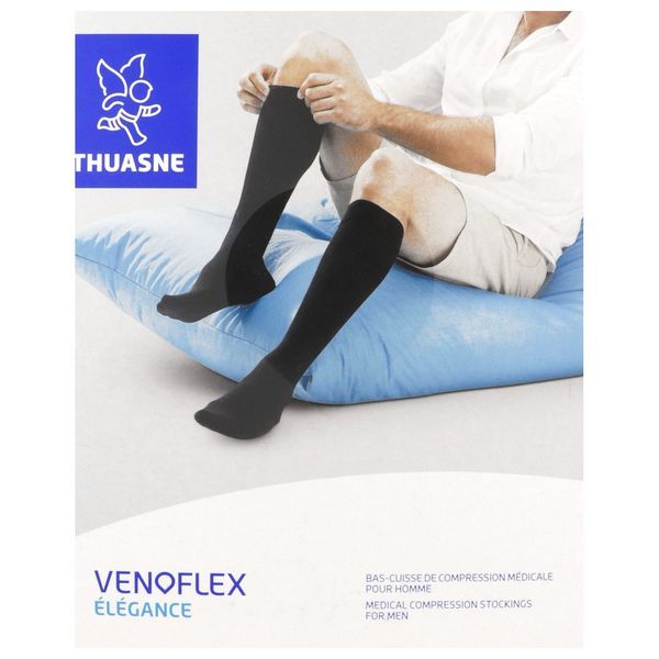 VENOFLEX 2 ELEGANCE Bas cuisse médical de compression antiglisse classe 2, côtelé, pour homme, noir, long, taille 4, paire