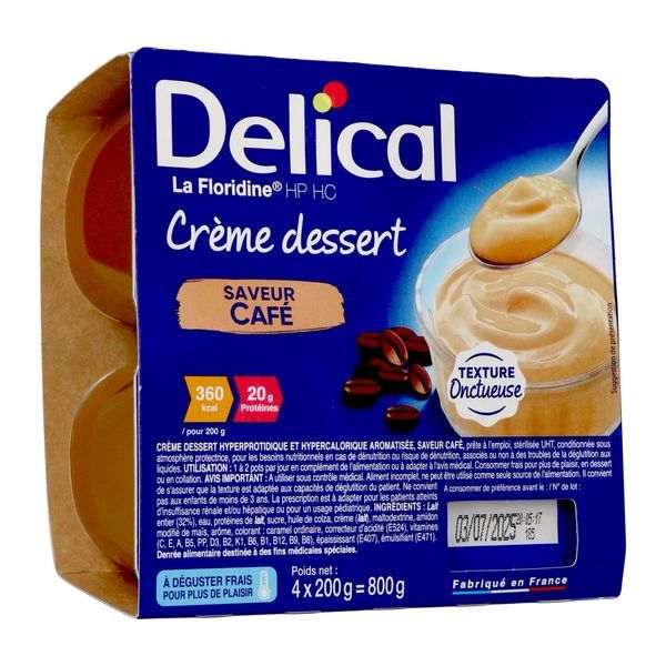 DELICAL LA FLORIDINE HP HC CREME DESSERT Denrée alimentaire destinée à des fins médicales spéciales, saveur café, pot 200 g x 4