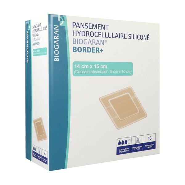 BIOGARAN BORDER + Pansement hydrocellulaire siliconé, bord adhésif, absorption importante, 14 cm x 15 cm, bt 16