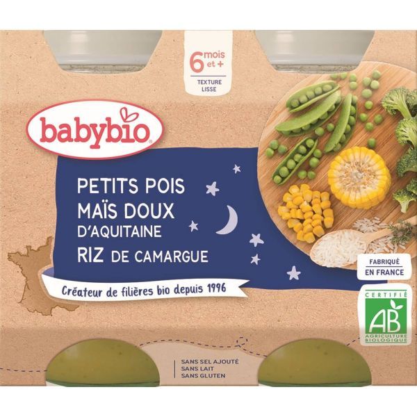 Babybio Petits pots Bonne nuit Petits Pois-Maïs-Riz Bio - 6 mois - 2 x 200 g