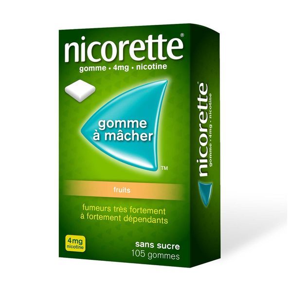 NICORETTE FRUITS SANS SUCRE Gomme à mâcher médicamenteuse 4 mg, boîte 105