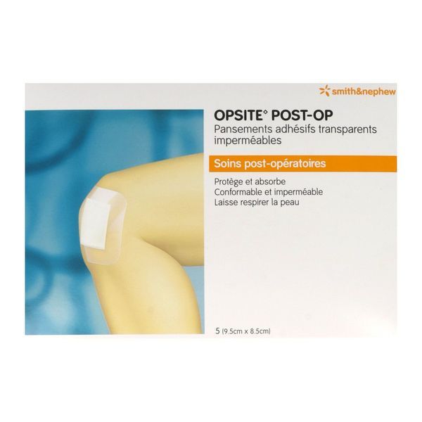 OPSITE POST - OP Pansement adhésif 4 côtés, stérile, avec compresse absorbante, 9,5 cm x 8,5 cm (ref. 66320601), pochette 5