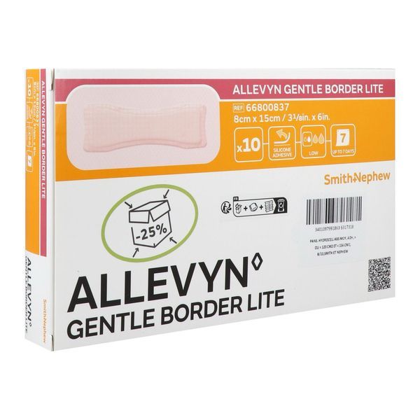 ALLEVYN GENTLE BORDER LITE Pansement hydrocellulaire à bords adhésifs, stérile, très absorbant, 8 cm x 15 cm (ref. 66800837), bt 10