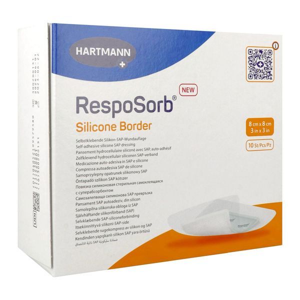 RESPOSORB SILICONE BORDER Pansement hydrocellulaire, interface siliconée et bords adhésifs, carré, 8 cm x 8 cm (ref. 413000), bt 10