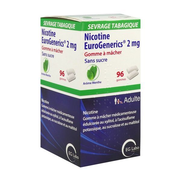 NICOTINE EUROGENERICS MENTHE SANS SUCRE Gomme à mâcher médicamenteuse 2 mg, boîte 96