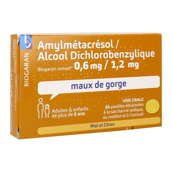 AMYLMETACRESOL ALC DICHLOR BIOGARAN CONSEIL MIEL CITRON Pastille 0,6 mg/1,2 mg, boîte 24