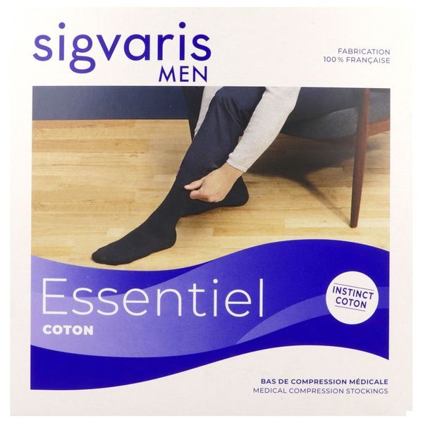 SIGVARIS 2 ESSENTIEL COTON MEN Bas cuisse médical de compression autofixant, classe 2, pour homme, noir, long, small (ref. 303211), paire