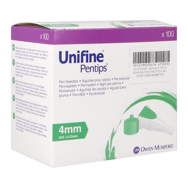 UNIFINE PENTIPS Aiguille pour stylo injecteur d'insuline, G32, 0,23 mm x 4 mm, vert, bt 100