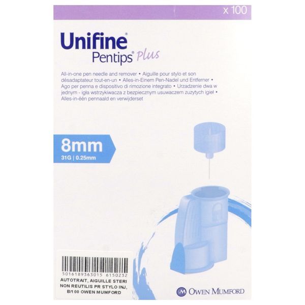 UNIFINE PENTIPS PLUS Aiguille pour stylo injecteur d'insuline avec désadaptateur, G31, 0,25 mm x 8 mm, bleu (ref. AN3630), bt 100