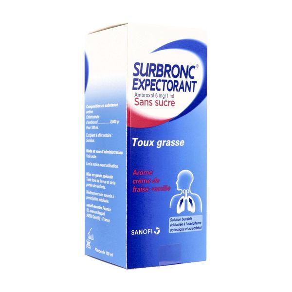SURBRONC EXPECTORANT AMBROXOL SANS SUCRE Solution buvable 0,6 g/100 ml, boîte 1 flacon 100 ml avec godet doseur