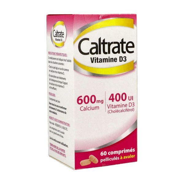 CALTRATE VITAMINE D3 Comprimé pelliculé sécable 600 mg/400 UI, flacon 60