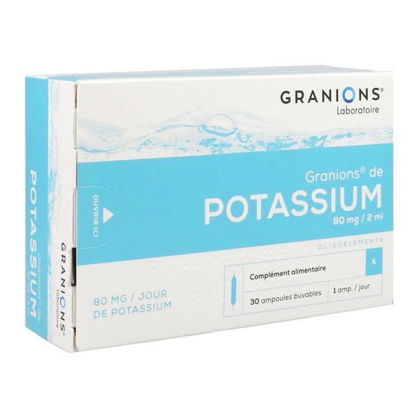 GRANIONS DE POTASSIUM Ampoule buvable, complément alimentaire d'oligoélément potassium, bt 30