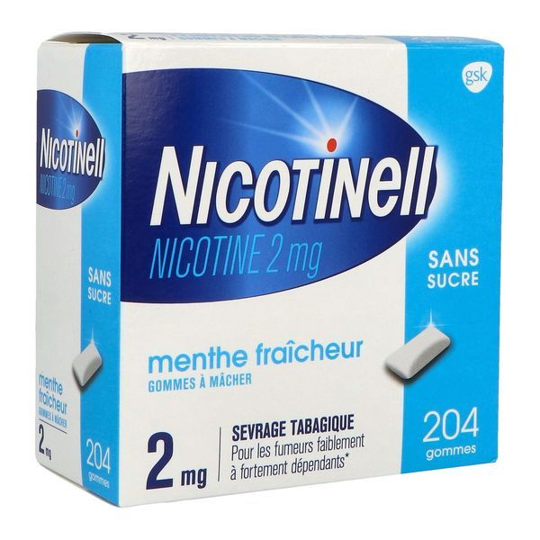 NICOTINELL MENTHE FRAICHEUR SANS SUCRE Gomme à mâcher médicamenteuse 2 mg, boîte 204