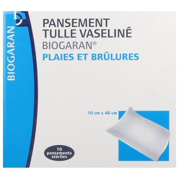 BIOGARAN PANSEMENT TULLE VASELINE Pansement gras, vaseliné, stérile, 10 cm x 40 cm, bt 10
