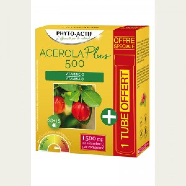 Phyto-actif - Acérola + 500 - 2 x 15 comprimés + 1 tube de 15 cp OFFERT