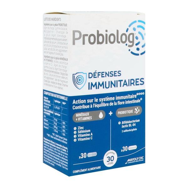 PROBIOLOG DEFENSES IMMUNITAIRES Gélule, complément alimentaire à base d'un probiotique, de minéraux et vitamines, bt 30 + 30