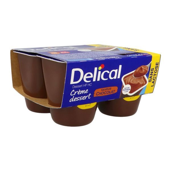 DELICAL SANS LACTOSE CREME DESSERT HP HC Denrée alimentaire destinée à des fins médicales spéciales, chocolat, pot 200 g x 4