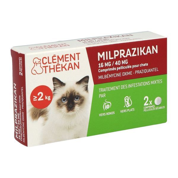 MILPRAZIKAN CHAT 16 MG/40 MG CLEMENT THEKAN Comprimé pelliculé sécable antiparasitaire, endectocide, chat, bt 2