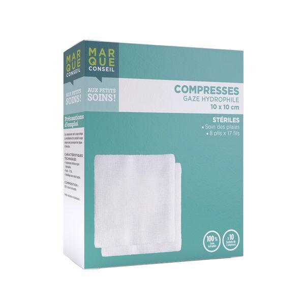 MARQUE CONSEIL COMPRESSE GAZE Compresse de gaze hydrophile stérile 100 % coton, 10 cm x 10 cm, sachet 2, 10 sachets, bt 20