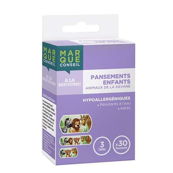 MARQUE CONSEIL PANSEMENTS ENFANTS Pansement adhésif, prédécoupé, décor animaux de la savane, pour enfant, bt 30