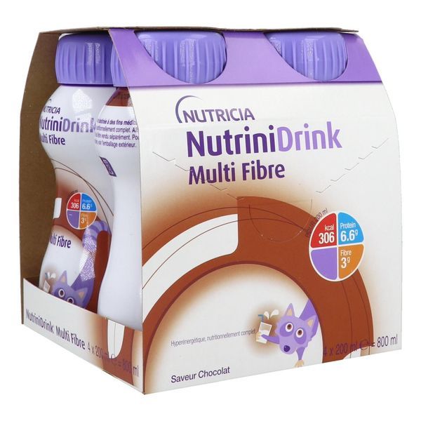 NUTRINIDRINK MULTI FIBRE Denrée alimentaire destinée à des fins médicales spéciales, arôme chocolat, 200 ml x 4