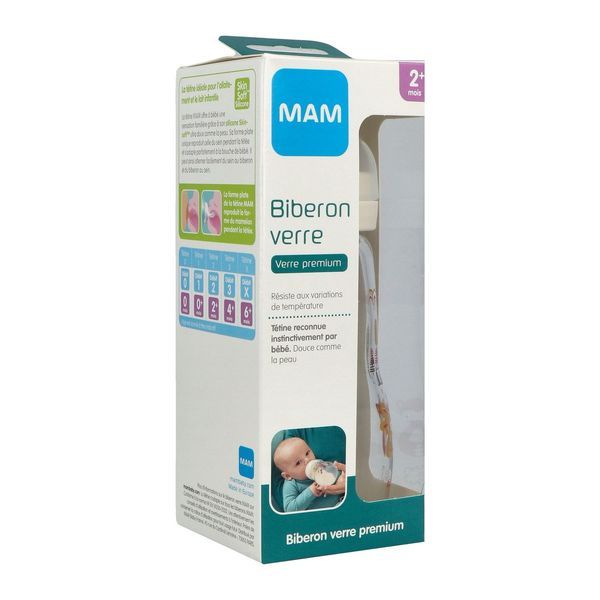 MAM BIBERON VERRE Biberon à vis complet, 1er âge, débit 2, décoré, 260 ml, blanc, unité