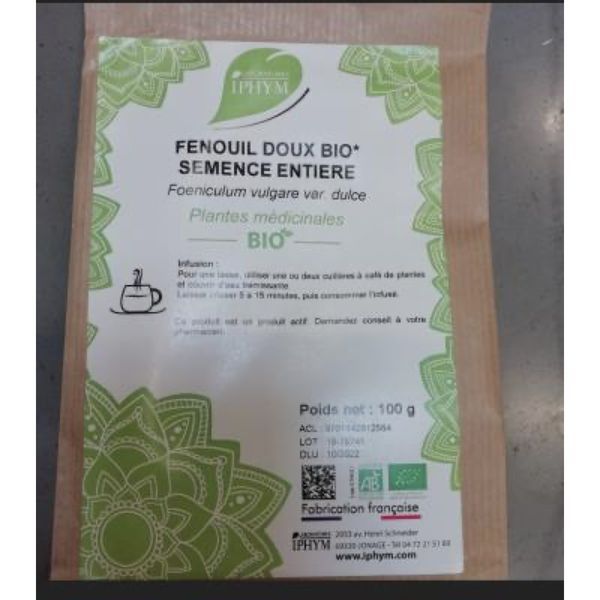FENOUIL DOUX BIO SEMENCE ENTIERE IPHYM Fenouil doux bio, semence entière, vrac, sac 100 g
