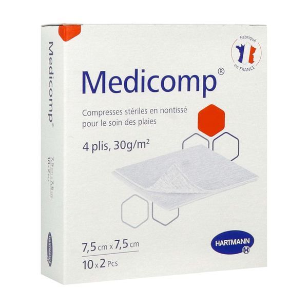 MEDICOMP STERILE Compresse en non tissé, stérile, 4 plis, pochette de 2 compresses, 7,5 cm x 7,5 cm (ref. 411041), bt 10 sachets