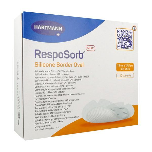 RESPOSORB SILICONE BORDER Pansement hydrocellulaire, interface siliconée et bords adhésifs, ovale, 13 cm x 15,5 cm (ref. 413008), bt 10