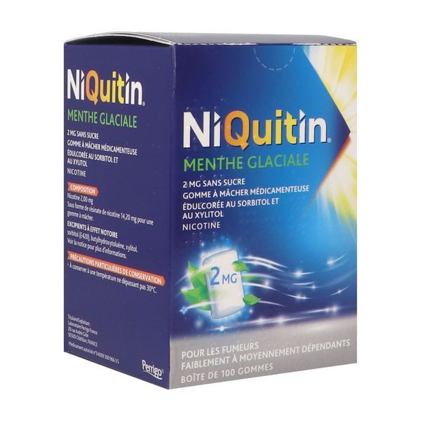 NIQUITIN MENTHE GLACIALE SANS SUCRE Gomme à mâcher médicamenteuse au sorbitol et au xylitol 2 mg, boîte 100