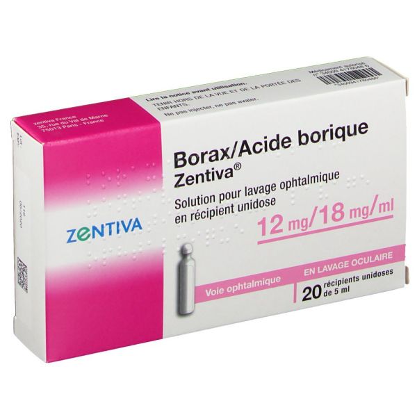 BORAX ACIDE BORIQUE ZENTIVA Solution pour lavage ophtalmique en récipient  unidose 12 mg / 18 mg/ml, boîte 20 récipients unidoses 5 ml