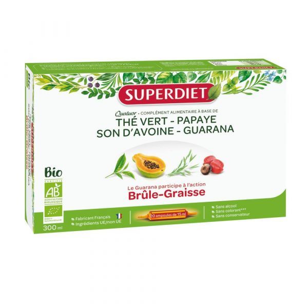 Superdiet Quatuor Brûle graisse BIO : thé vert, papaye, son d'avoine, guarana - 20 ampoules