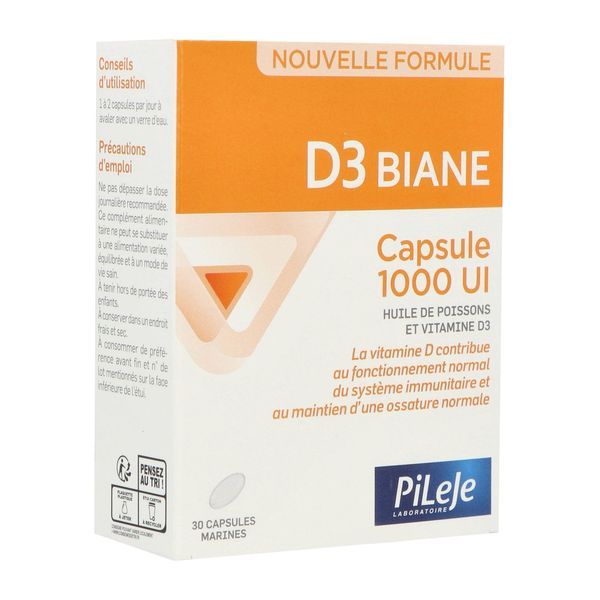 D3 BIANE CAPSULE 1000 UI Capsule, complément alimentaire à base d'huile de poissons et de vitamine D3, bt 30