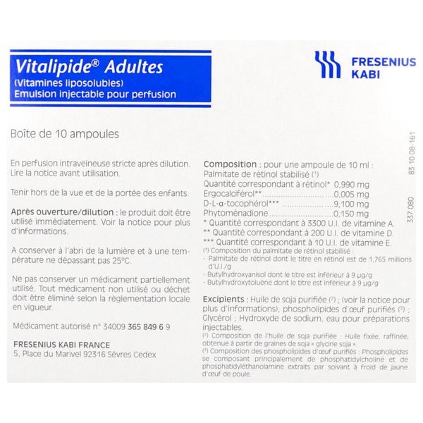 Vitalipide Adulte Emulsion Injectable Pour Perfusion 10 Ml En Ampoule B/10