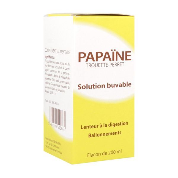 PAPAINE TROUETTE - PERRET SOLUTION BUVABLE Solution buvable, complément alimentaire d'enzymes protéolytiques naturelles, fl 200 ml