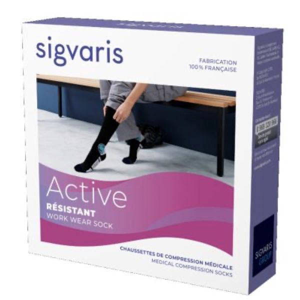 SIGVARIS 2 ACTIVE RESISTANT Chaussette médicale de compression classe 2, renforcée, pour femme, noir, long, Xsmall (ref. 307244), paire