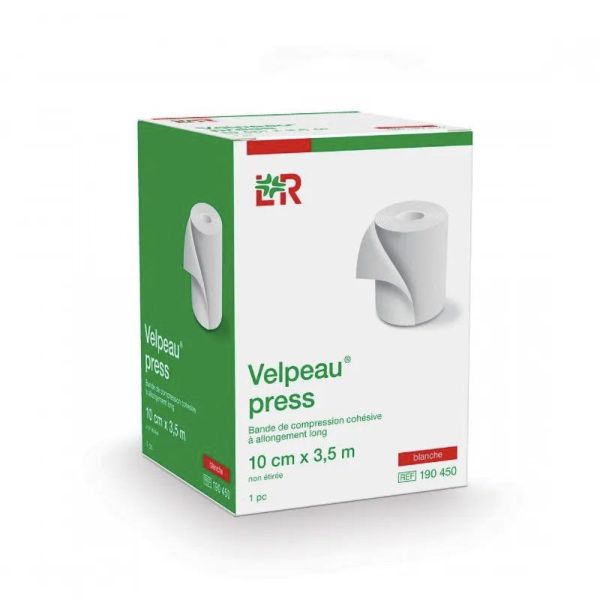 VELPEAU PRESS Bande de compression cohésive, allongement long, force 1, 20 cN/cm à 45 cN/cm, blanc, 3,5 m X 10 cm (ref. 190450), unité