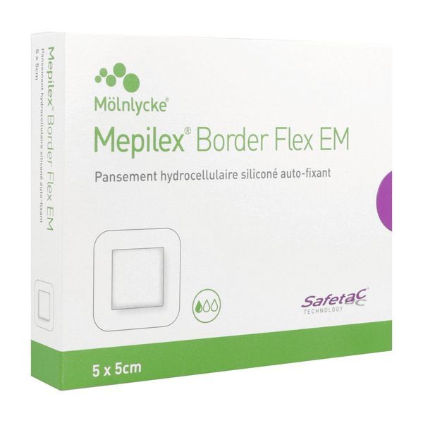 MEPILEX BORDER FLEX EM Pansement hydrocellulaire siliconé, bordé, flexible, forme mince, 5 cm x 5 cm (ref. 581220), bt 10