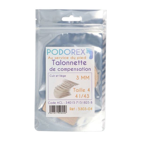 PODOREX TALONNETTE DE COMPENSATION Talonnette de compensation en liège caoutchouc résistant, 3 mm, taille 4, pointure 41 - 43, unité