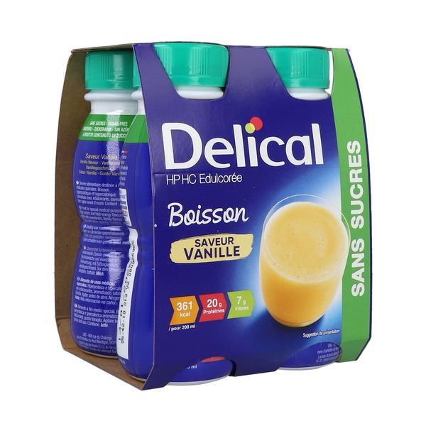 DELICAL BOISSON HP HC EDULCOREE Denrée alimentaire destinée à des fins médicales spéciales, saveur vanille, 200 ml x 4
