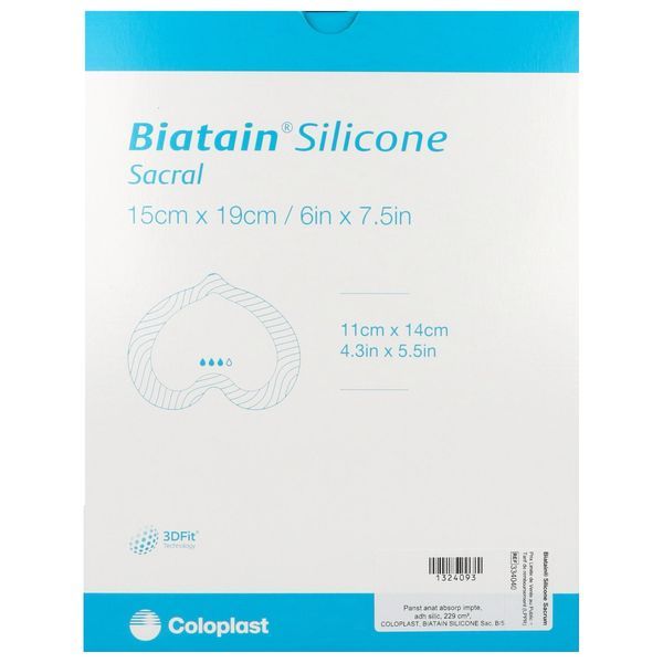 BIATAIN SILICONE SACRUM Pansement hydrocellulaire bord adhésif siliconé, repositionnable, stérile, petit 15 cm x 19 cm (ref. 334040), bt 5