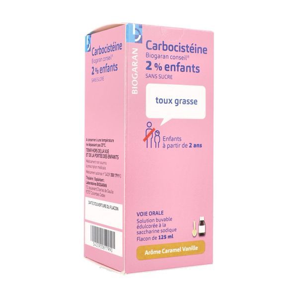 CARBOCISTEINE BIOGARAN ENFANT SANS SUCRE Solution buvable édulcorée à la saccharine sodique 2 %, flacon 125 ml avec cuillère-mesure 5 ml