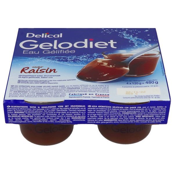 DELICAL GELODIET EAUX GELIFIEES Denrée alimentaire destinée à des fins médicales spéciales, saveur raisin, 120 g x 4
