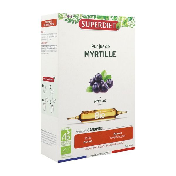 SUPERDIET AMPOULE BIO MYRTILLE Ampoule buvable, complément alimentaire à visée oculaire, bt 20