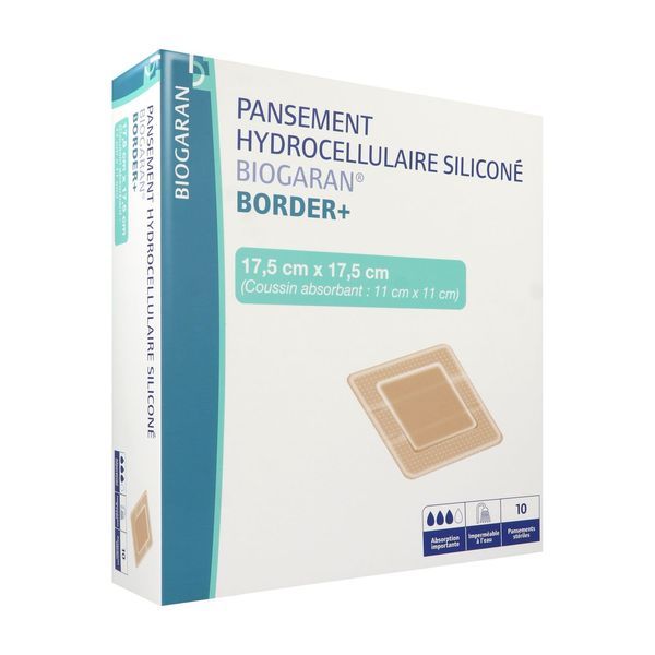 BIOGARAN BORDER + Pansement hydrocellulaire siliconé, bord adhésif, absorption importante, 17,5 cm x 17,5 cm, bt 10