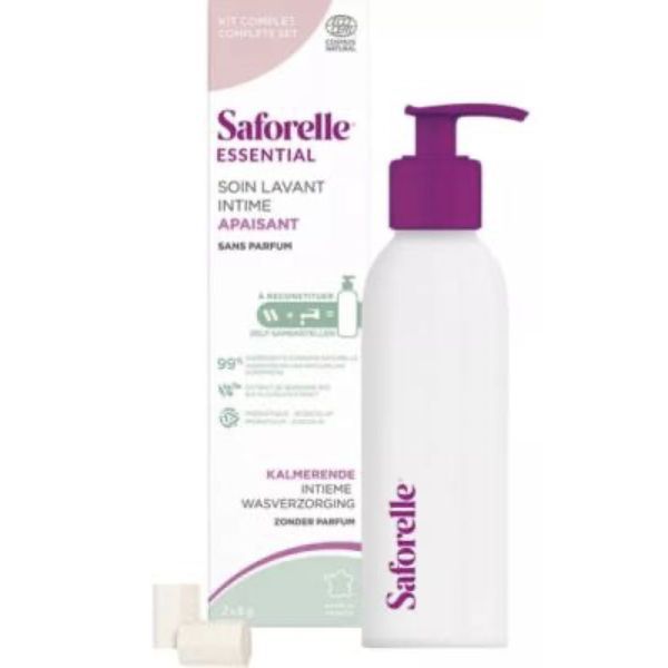 SAFORELLE ESSENTIAL KIT COMPLET SOIN LAVANT INTIME APAISANT Kit complet. Soin lavant apaisant sans parfum pour usage intime, à reconstituer, kit