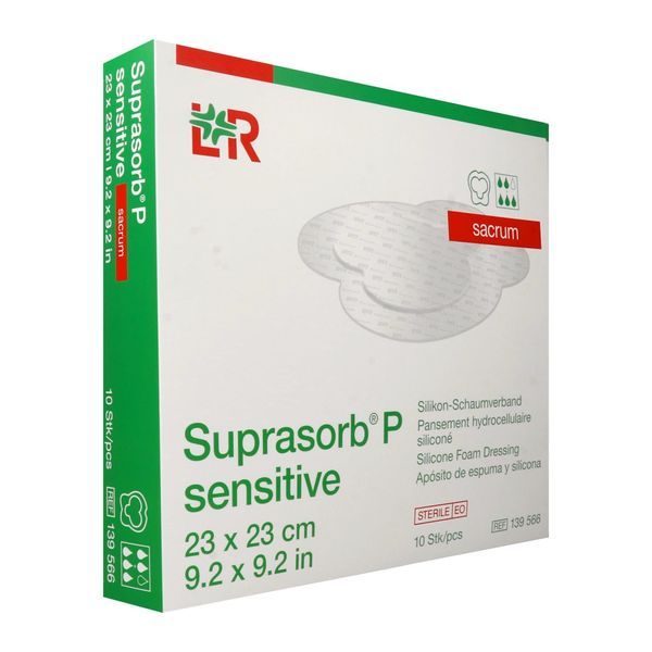 SUPRASORB P SENSITIVE SACRUM Pansement hydrocellulaire siliconé, stérile, sacrum, 23 cm x 23 cm (ref. 139 566), bt 10